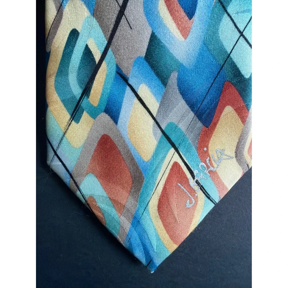 J Garcia Carousel Silk‎ Tie Mens Blue Orange Geometric Abstract Art 62 Inch Long